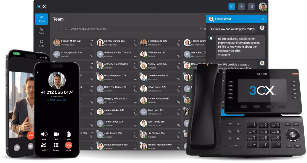 Plataforma 3CX con Web Client, celulares y teléfono de escritorio